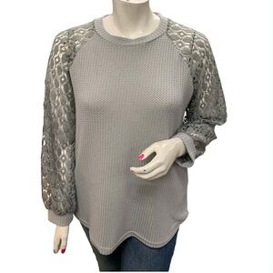 Gray Lace Sleeve Women's Top Size L